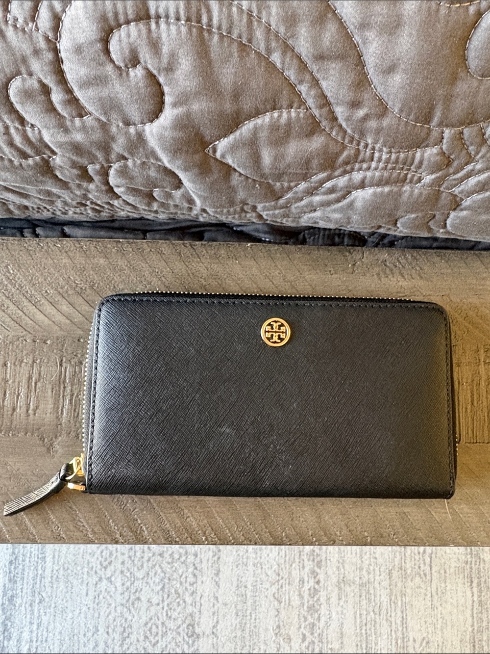 Tory Burch Black Saffiano Zip-Around Wallet with Gold Logo